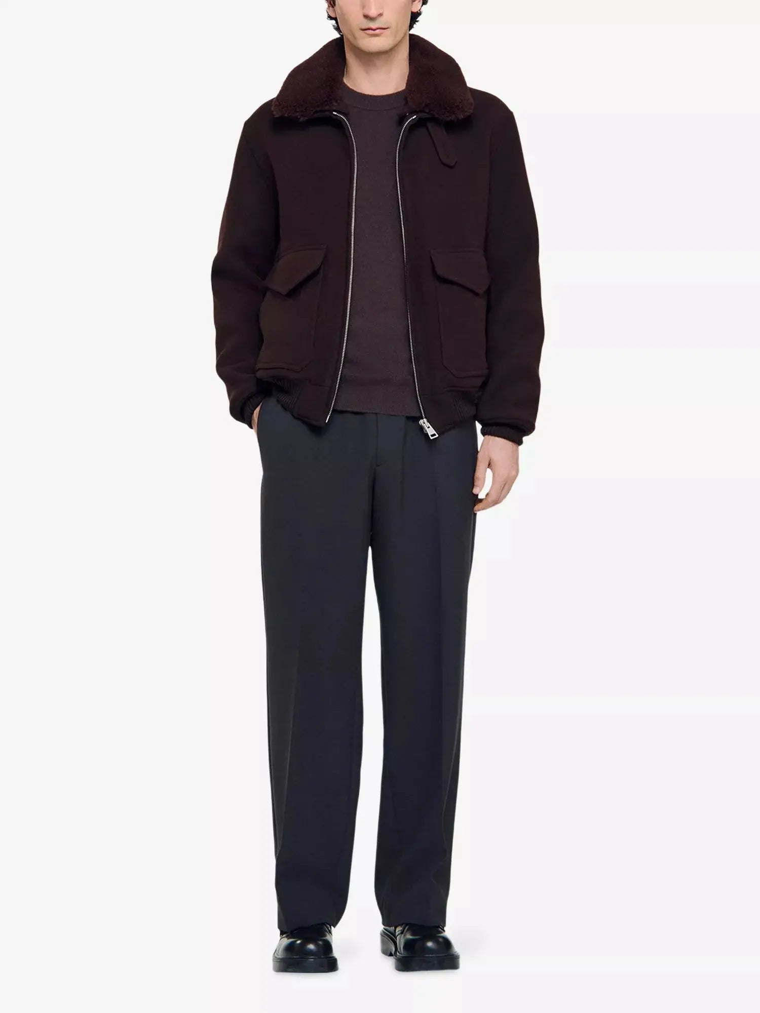 Men's Shearling-Collar Wool-Blend Aviator Jacket Sandro