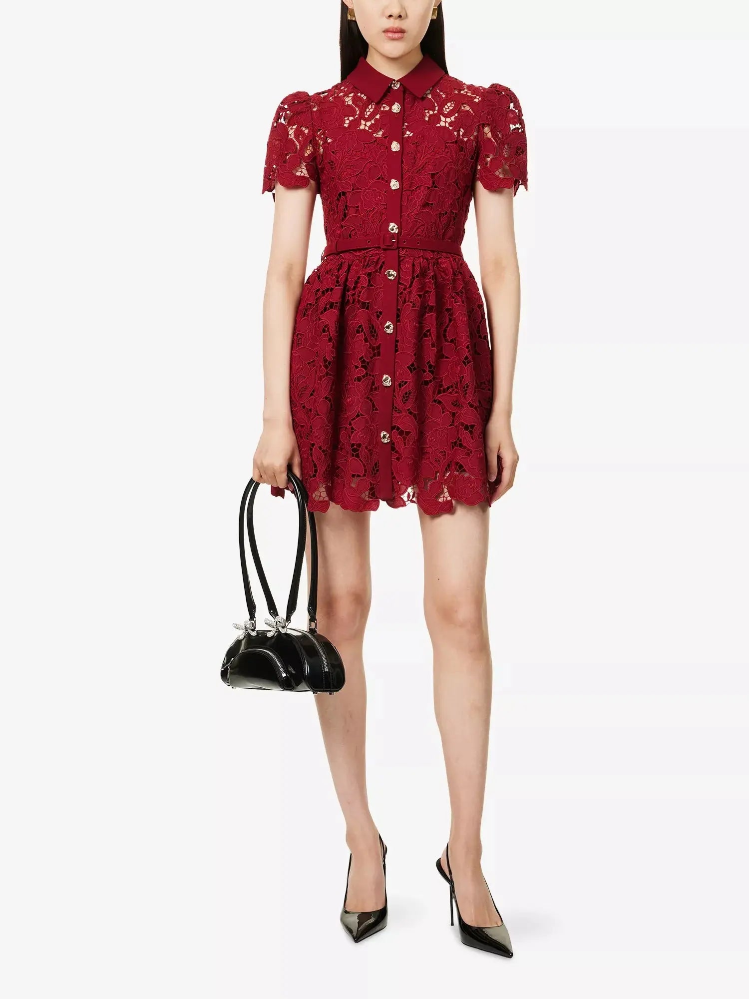 Women's Embroidered Collared Lace Mini Dress Self-Portrait