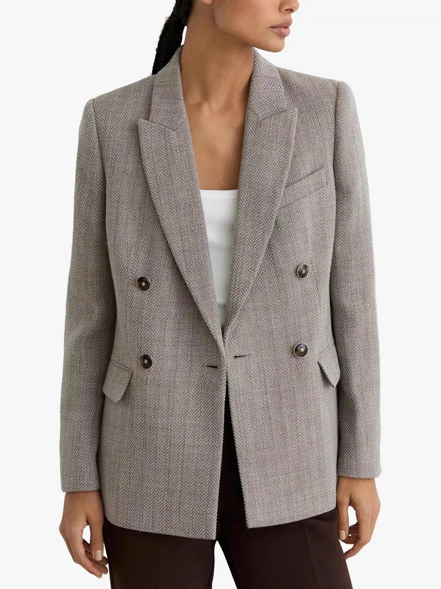 Women's Ember Double-Breasted Herringbone Wool and Cotton-Blend Blazer Reiss
